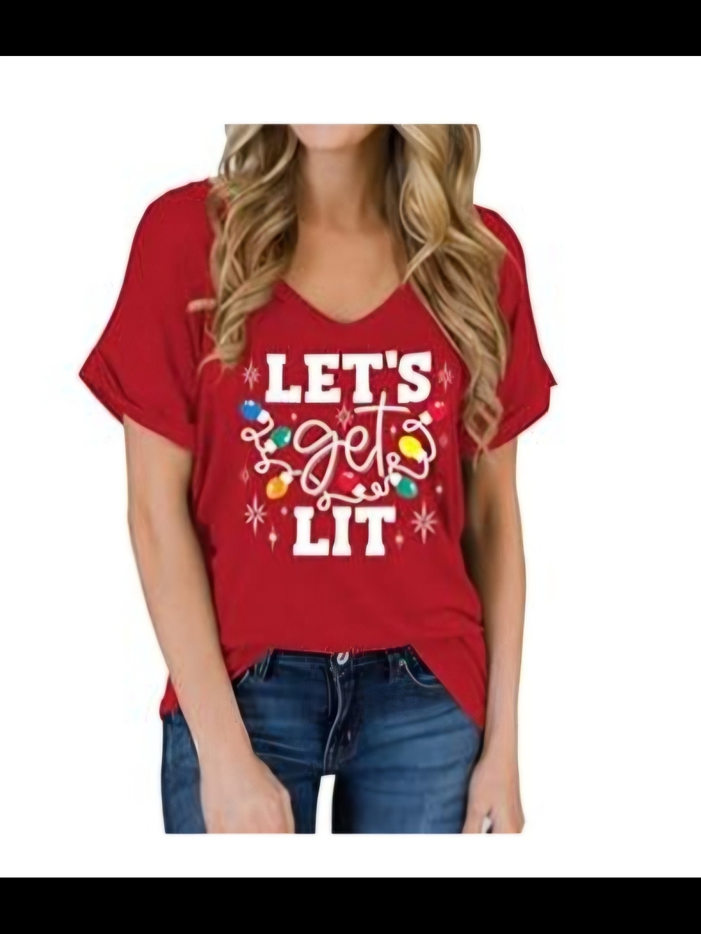 Women's Red "Let's Get Lit" Holiday V‑Neck Tee